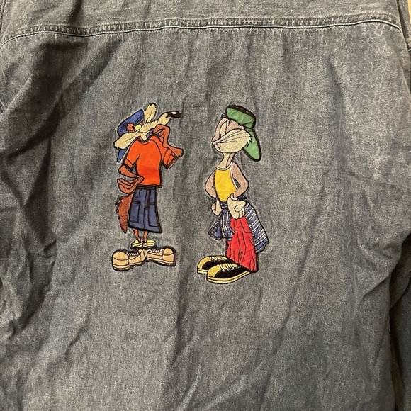 Vtg Looney Tunes Shirt Mens XL Denim Bugs Bunny Taz Embroidered 90s Button Up - Picture 3 of 8